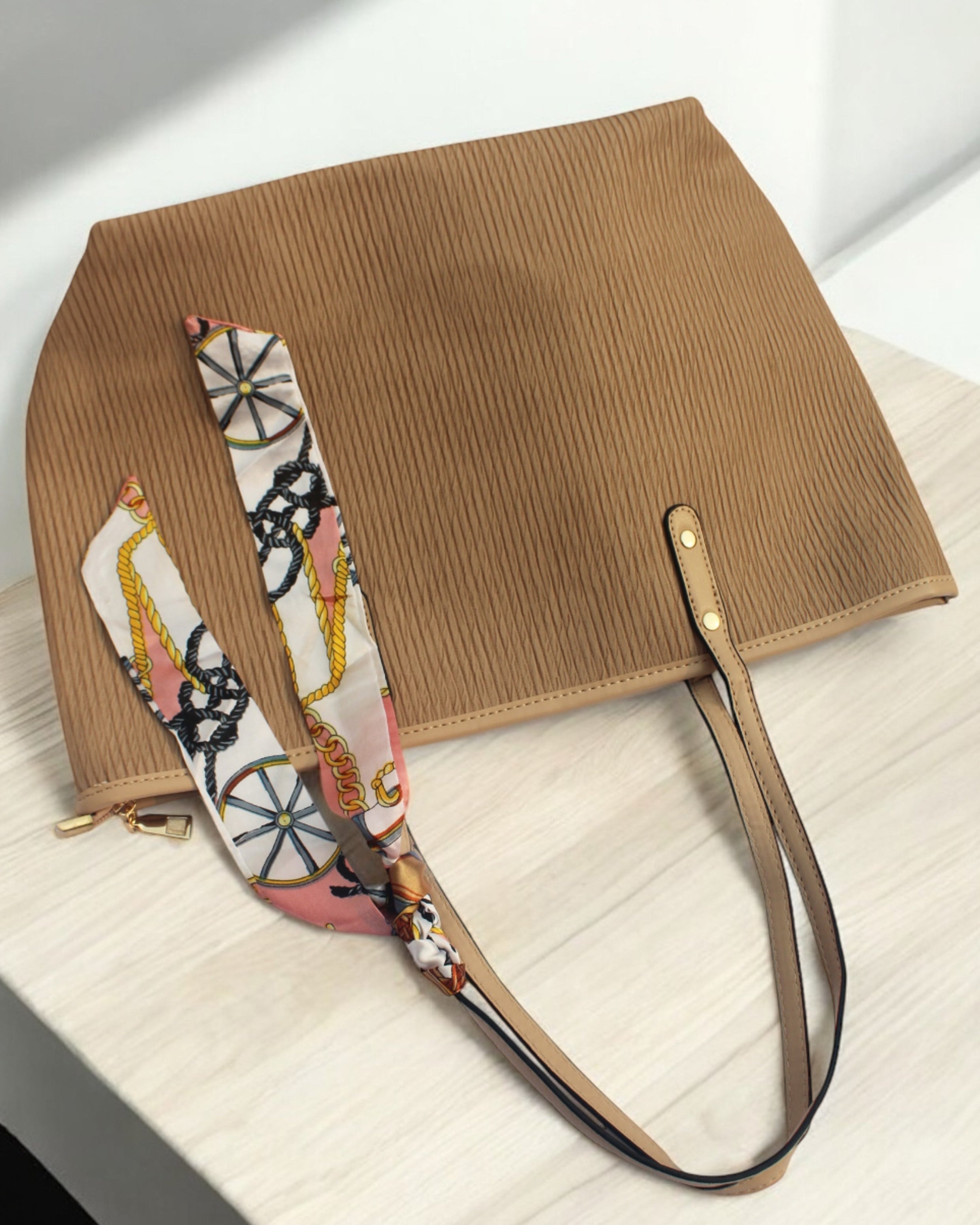 Beige Leather Striped Tote