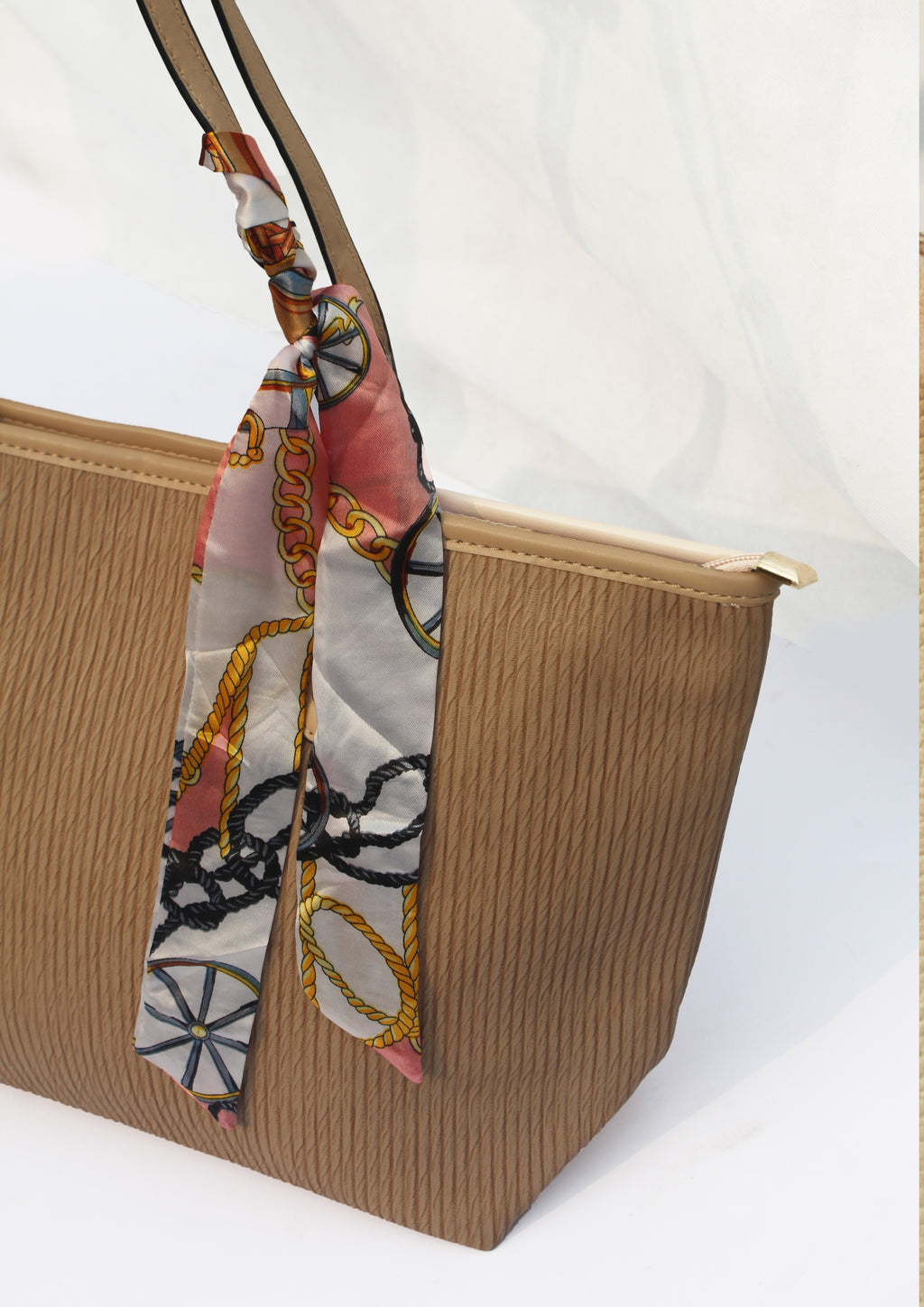 Beige Leather Striped Tote