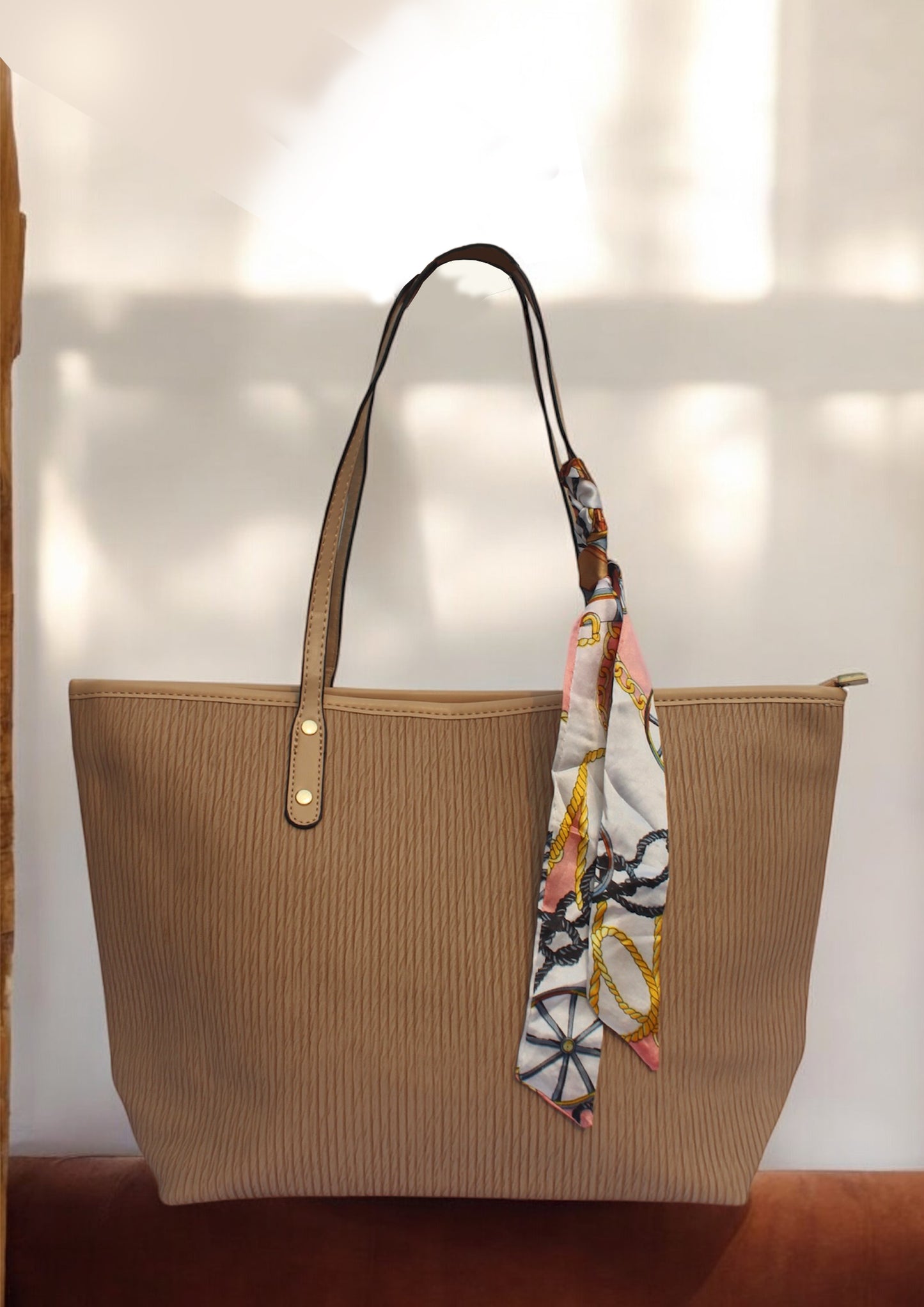 BEIGE LEATHER STRIPED TOTE