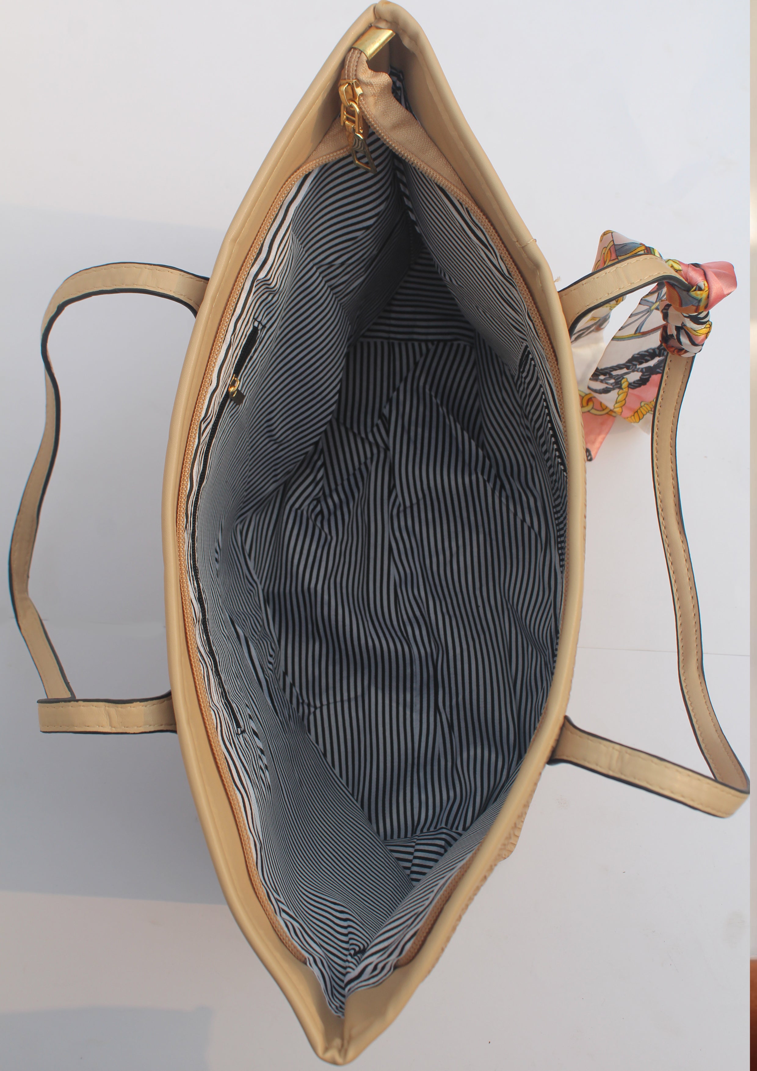 Beige Leather Striped Tote