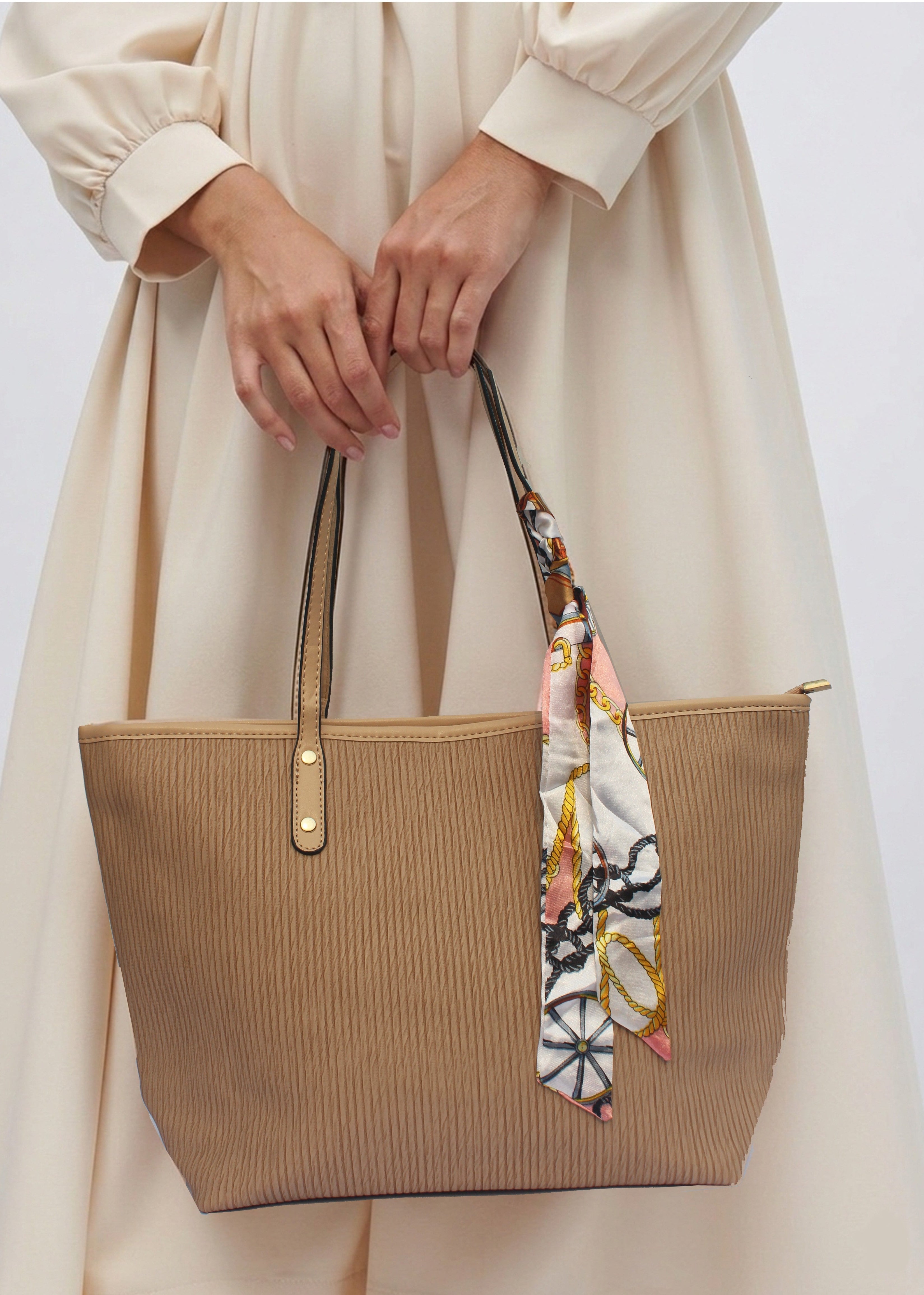 Beige Leather Striped Tote