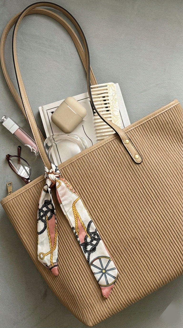 Beige Leather Striped Tote