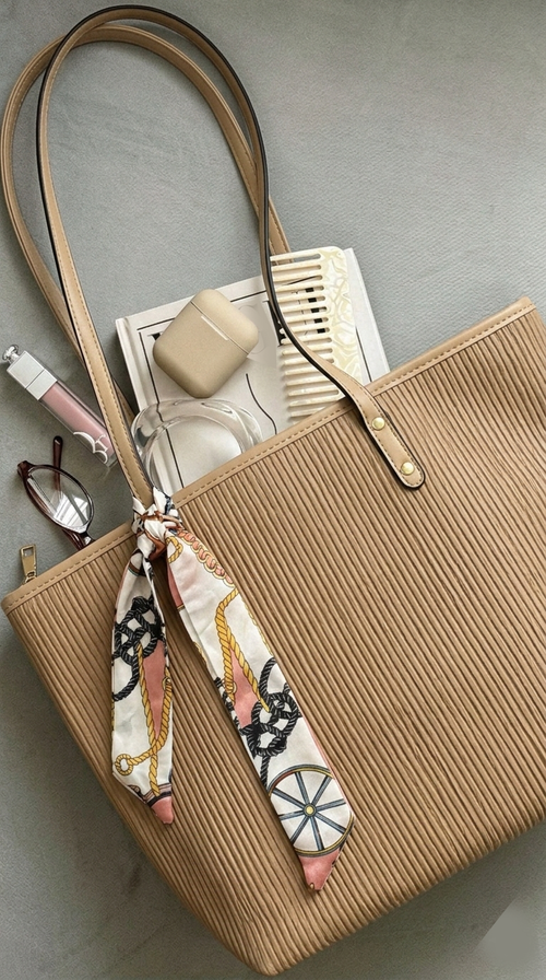 Beige Leather Striped Tote